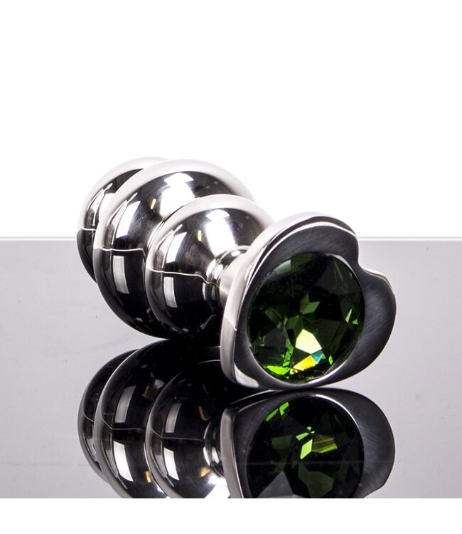 Kiotos Steel RVS Buttplug 9 cm Met Geribbeld Ontwerp En Groene Hartdiamant