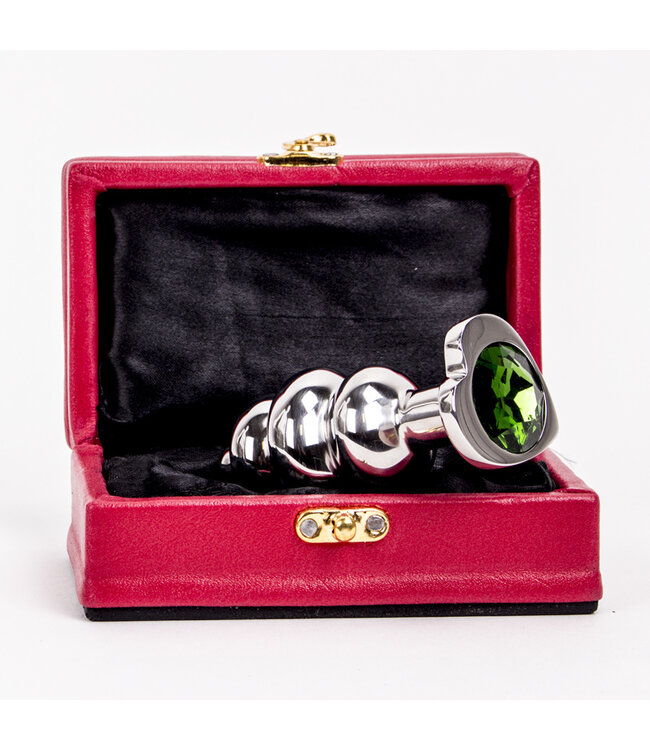 Kiotos Steel RVS Buttplug 9 cm Met Geribbeld Ontwerp En Groene Hartdiamant