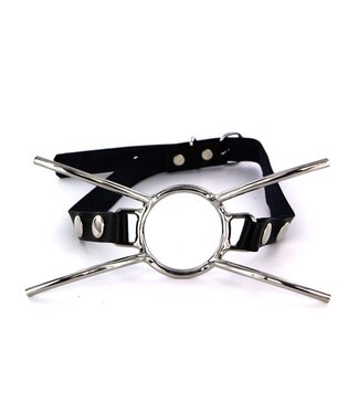 Kiotos Steel Cat Whisker Open Ring Gag - Black Leather with Silver Studs