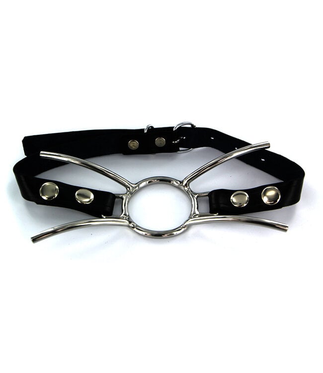 Kiotos Steel Kiotos Open Ring Mondknevel Zwart Leer Met Zilveren Studs En Snorhaar Design