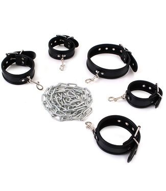 Bondage Ketting Set Zwart-Rood Met Hand- En Enkelboeien En Halsband