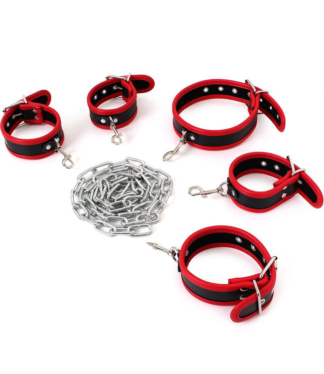 Luxurious Black & Red PVC Slave Chain Bondage Set - Handcuffs & Collar