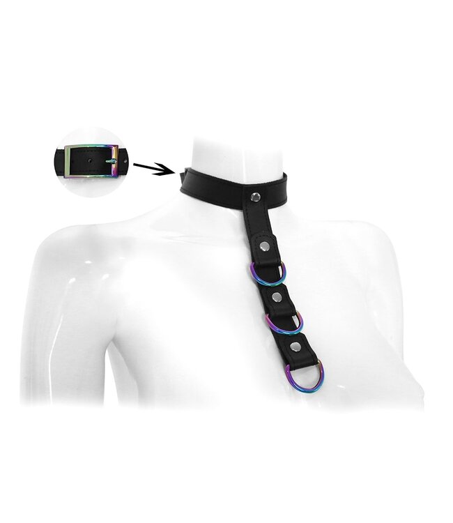 Rainbow Adjustable Leather Collar with Connecting Strap for Pets