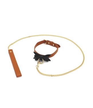 Vegan PU-Leren Bruine Halsband Met Zwart Strikje En Gouden Ketting Leiband Set
