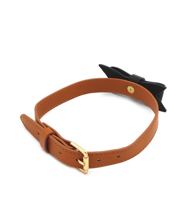Elegantes braunes Halsband & Leine aus veganem Leder mit Schleife