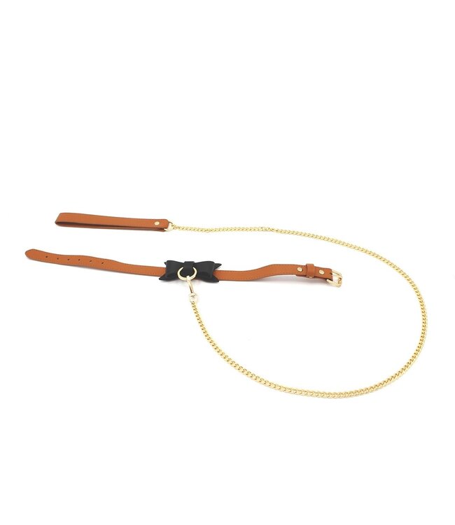 Vegan PU-Leren Bruine Halsband Met Zwart Strikje En Gouden Ketting Leiband Set