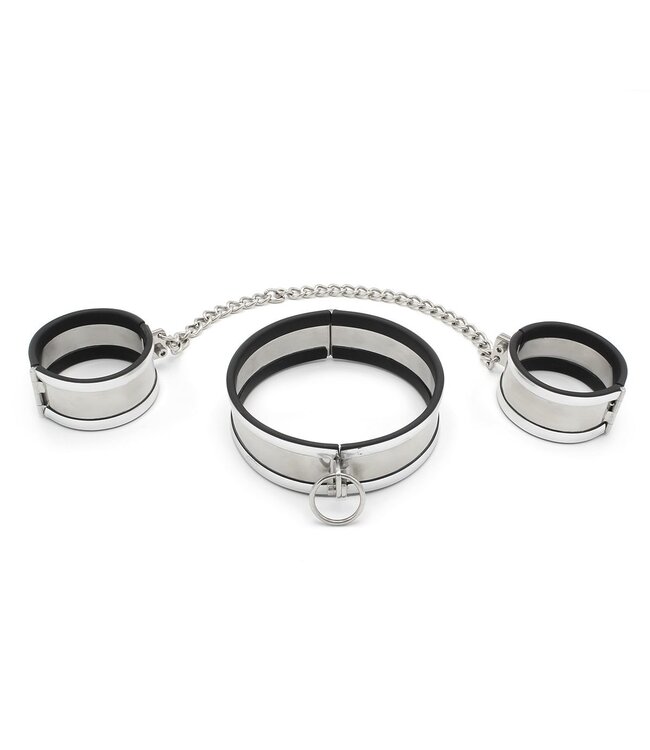 Roestvrijstalen Halsband Met 35cm Ketting En Handboeien Set Maat M & L