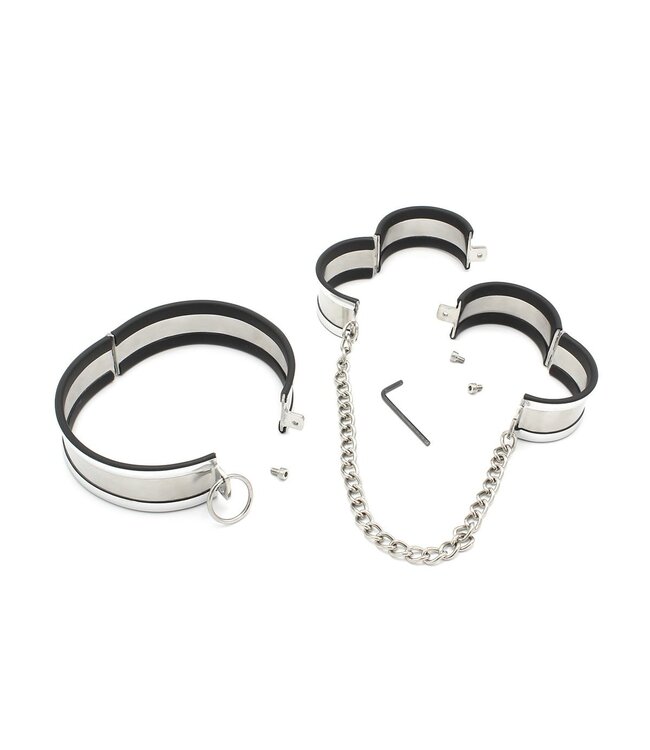Stainless Steel Collar & Cuff Set - Medium Size with Handcuffs & Chain