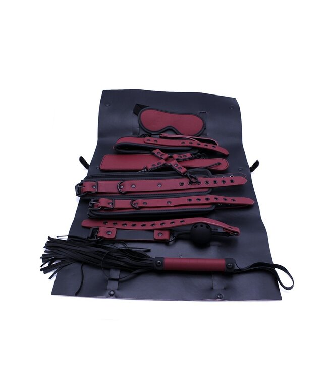 Bordeauxrode 10-Delige Bondage Set Met PU Leer En Complete Draagtas