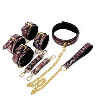 Veganistische 3-Delige BDSM Set Goud Neon Roze Reptielenprint PVC Leder