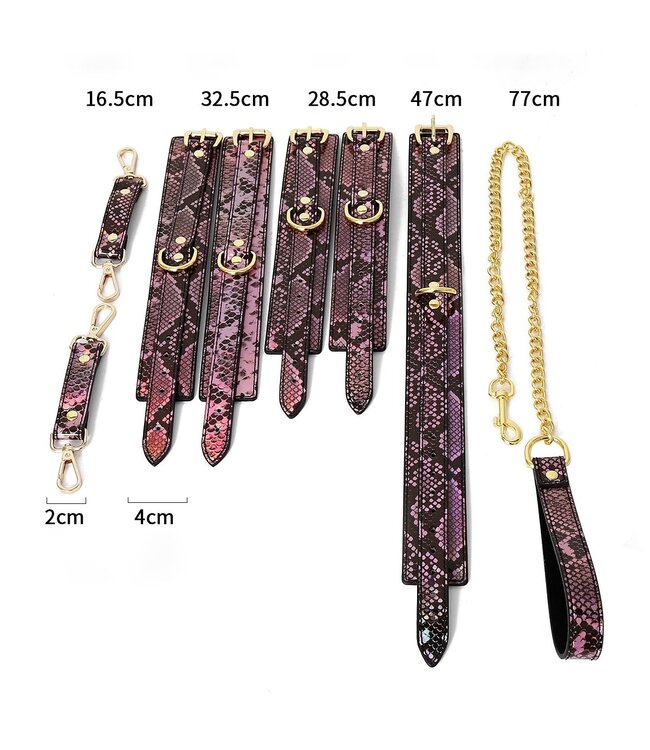 Vegan BDSM Set: Gold Reptile Print with Neon Pink Cuffs & Leash