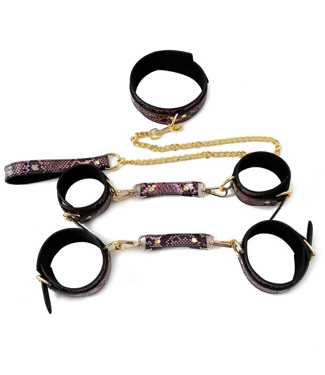 Veganistische 3-Delige BDSM Set Goud Neon Roze Reptielenprint PVC Leder