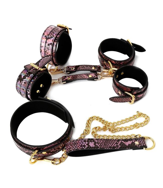 Vegan BDSM Set: Gold Reptile Print with Neon Pink Cuffs & Leash