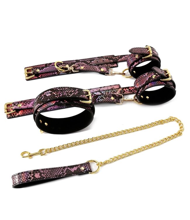 Veganistische 3-Delige BDSM Set Goud Neon Roze Reptielenprint PVC Leder