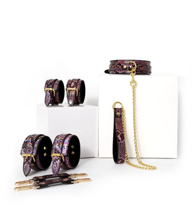 Veganistische 3-Delige BDSM Set Goud Neon Roze Reptielenprint PVC Leder