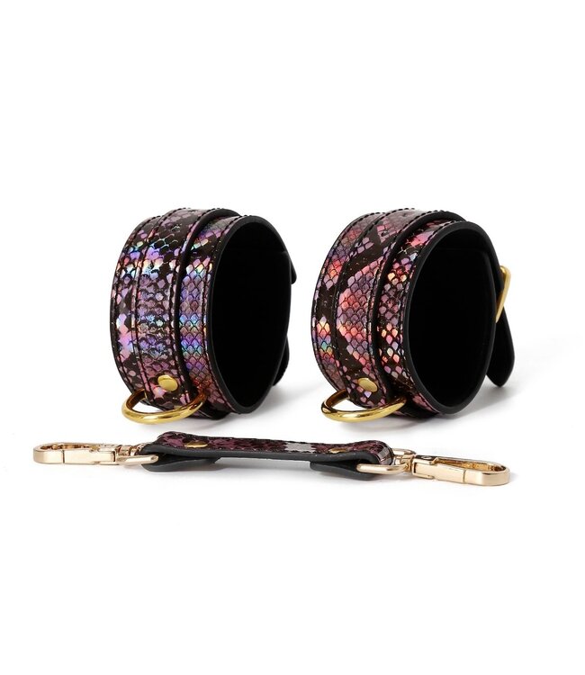 Veganes BDSM-Set Gold/Rosa mit Reptilienprint – Halsband, Leine, Fesseln