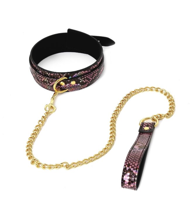 Veganes BDSM-Set Gold/Rosa mit Reptilienprint – Halsband, Leine, Fesseln