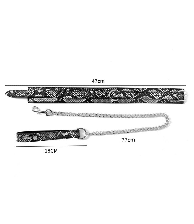 Schwarz-silbernes Reptilienhalsband mit Leine aus veganem PVC-Leder
