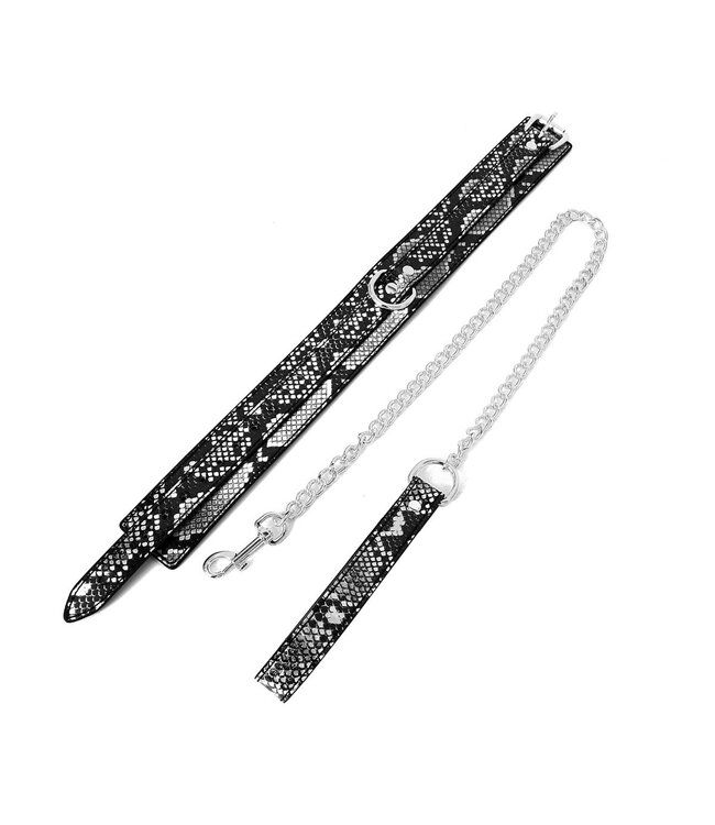 Reptielen Print PVC Leder Collar Zilver Zwart Met Verstelbare Leiband 78 cm