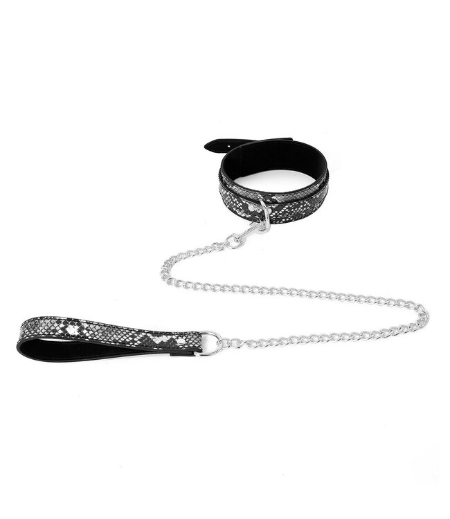 Reptielen Print PVC Leder Collar Zilver Zwart Met Verstelbare Leiband 78 cm