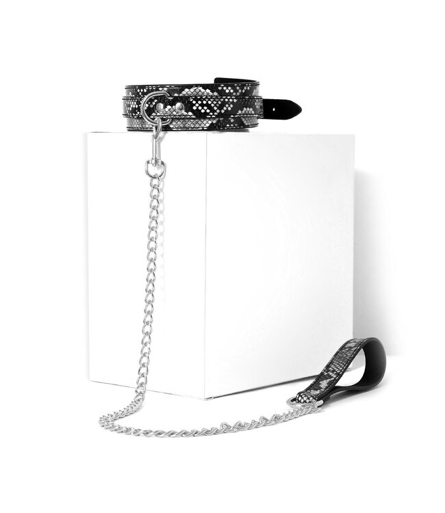 Vegan PVC Black Silver Reptile Print Collar & Leash Set for BDSM