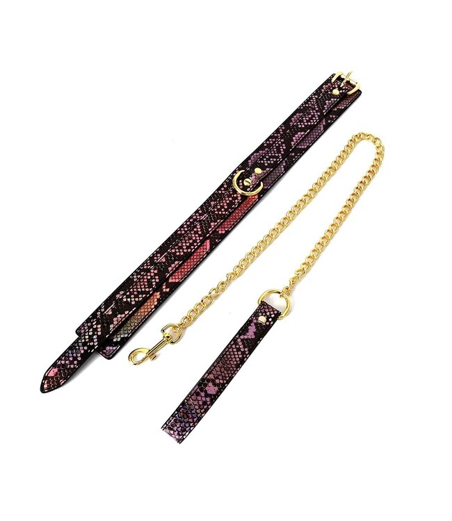 Vegan PVC Goud Roze Reptielen Print Halsband Met Verstelbare Leiband 28-44cm