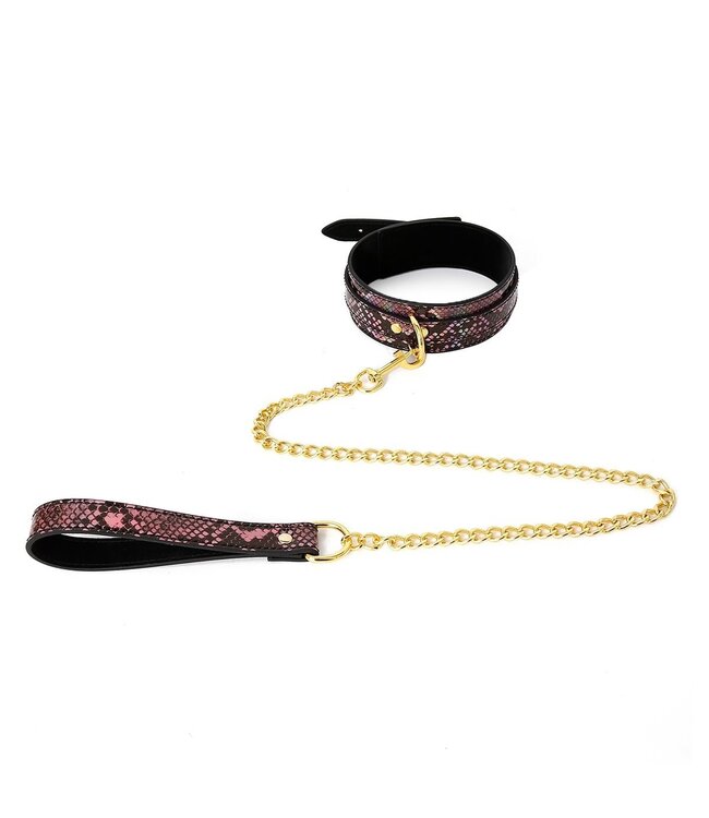 Gold-rosa Reptilienprint-Set: Halsband & Leine aus veganem PVC