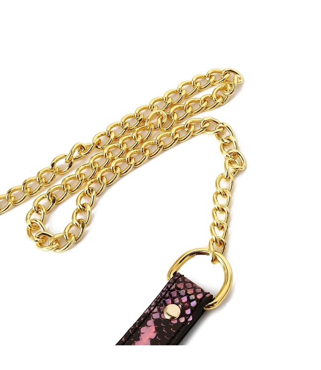 Gold Pink Reptile Print Vegan PVC Collar & Leash Set for BDSM