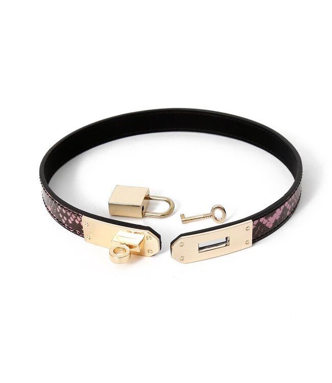 Narrow Gold Pink Reptile Print Vegan PVC Collar & Bracelet for BDSM