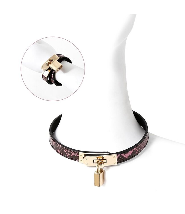 Vegan PVC Smalle Collar Reptielenprint Roze Goud Met Slot En Sleutel