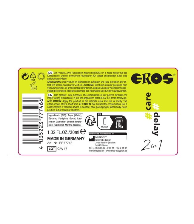 Eros Eros 2in1 Verzorgende Delay Gel 30ml – Niet-Vette Waterbasis Formule