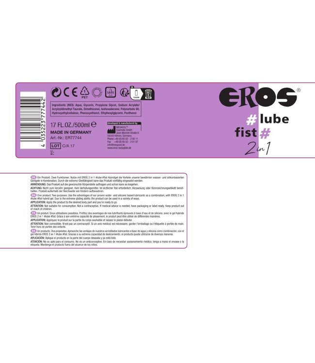 Eros Eros 2in1 Hybrid Fisting Lubricant 500ml - Long-lasting & Hypoallergenic
