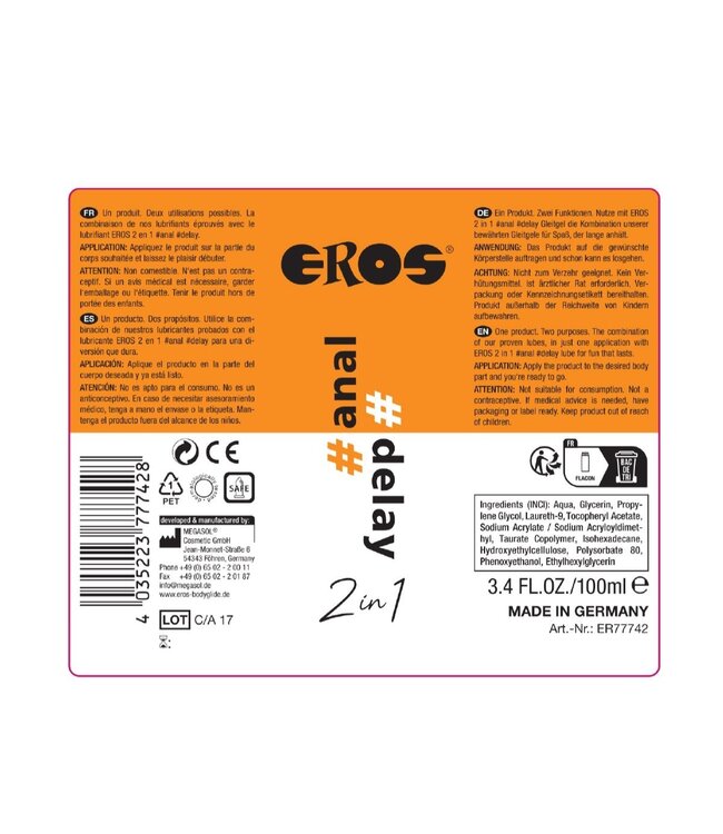 Eros Eros Anaal 2in1 Delay Glijmiddel 250ml Waterbasis Voor Comfort & Duurzaamheid