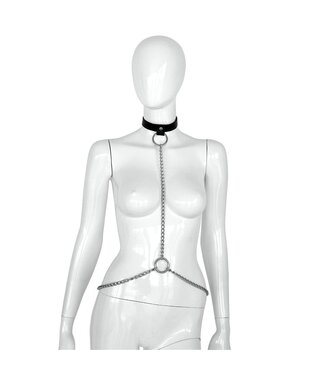 Female Leather Collar En Chest Strap Set Zwart Leren Halsband En Borstband