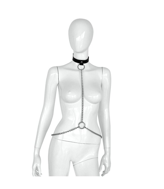 Female Leather Collar En Chest Strap Set Zwart Leren Halsband En Borstband