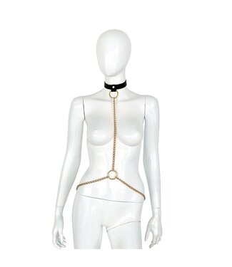 Deluxe Black Leather Collar with Gold Chains - Luxury BDSM Accessory