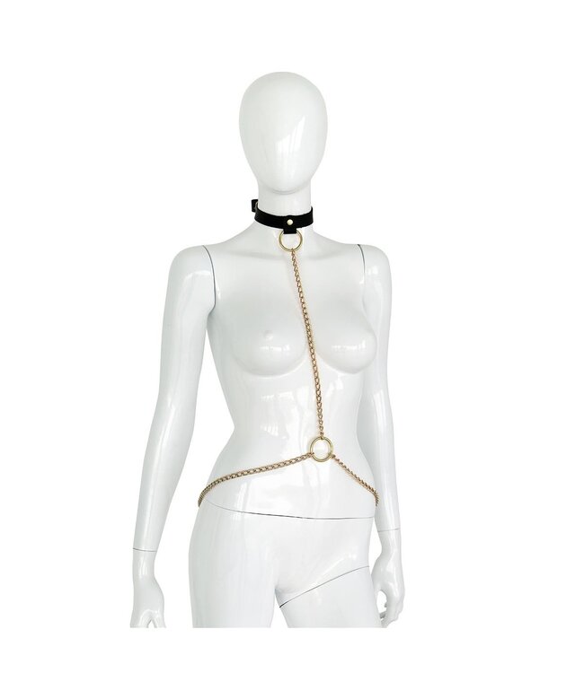 Luxuriöses schwarzes Lederhalsband mit goldenen Ketten für BDSM-Genießer