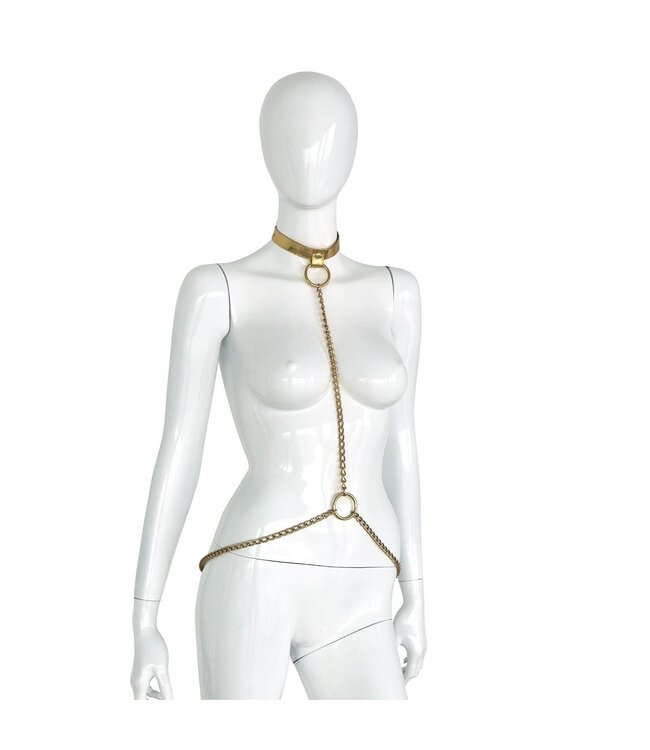 Gold Luxury Leather BDSM Collar & Chains – Elegance & Power Unleashed