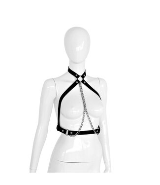Black Leather BDSM Collar Chest Top with Silver Chains - Bold Elegance