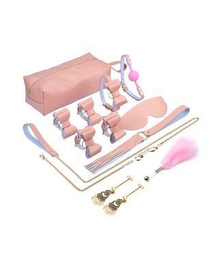 Luxuriöses 10-teiliges BDSM-Fliegenset in Rosa aus veganem Leder