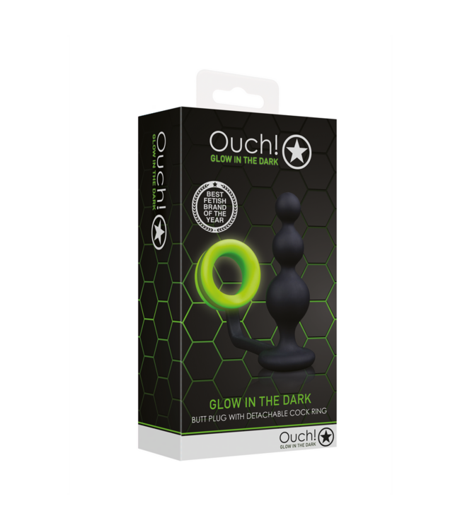 Ouch! Glow in the Dark Silicone Butt Plug Met Cockring En Glow In The Dark Fluorescerende Kralen