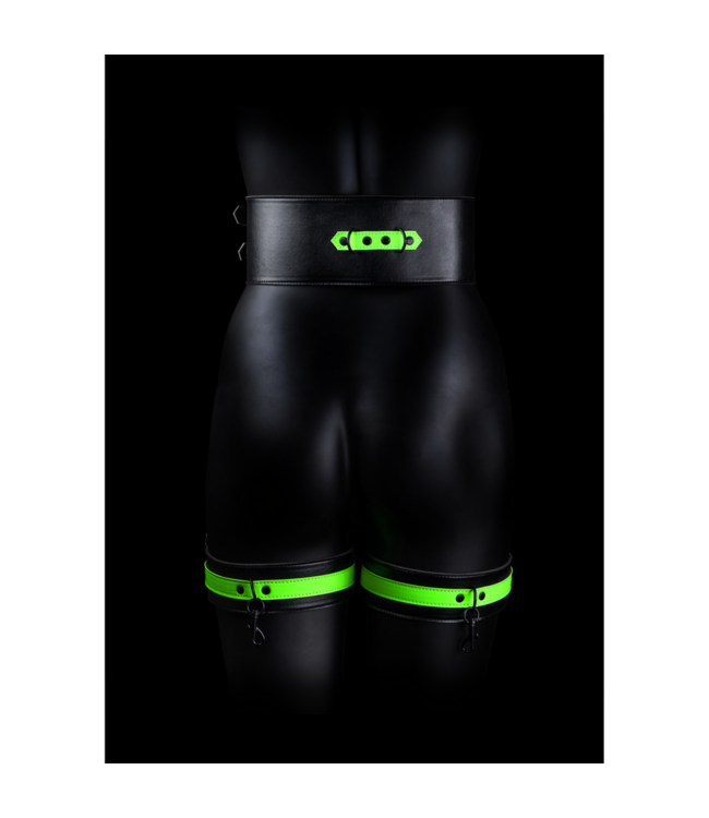 Ouch! Glow in the Dark Oberschenkel-Fesseln mit Riemen & Handfesseln - Leuchtendes BDSM Grün