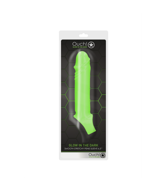 Ouch! Glow in the Dark Glatte, dehnbare Glow-in-the-Dark Penishülle mit Hodengurt und Spaßfaktor