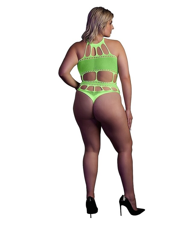 Ouch! Glow in the Dark UV-Active Neon Lingerie Bodysuit with Flattering Greek Neckline