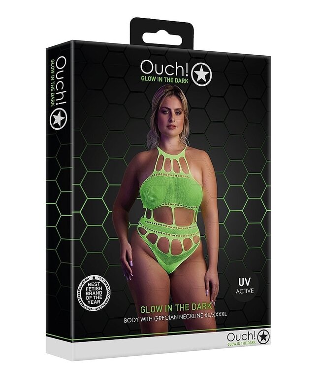 Ouch! Glow in the Dark UV-Active Neon Lingerie Bodysuit with Flattering Greek Neckline