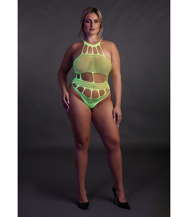 Ouch! Glow in the Dark UV-Active Neon Lingerie Bodysuit with Flattering Greek Neckline