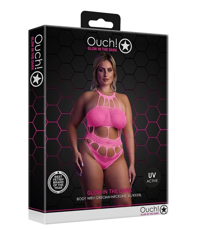Ouch! Glow in the Dark Neon UV-Actieve Body Met Griekse Halslijn In Roze En Groen – Comfortabel & Rekbaar