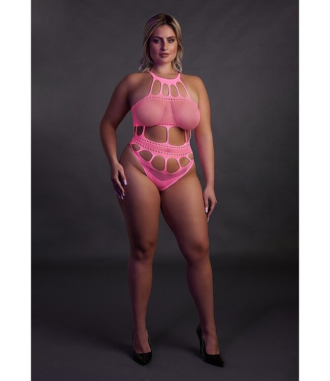 Ouch! Glow in the Dark Neon Pink Greek Neckline Bodysuit - Striking & Comfortable Lingerie