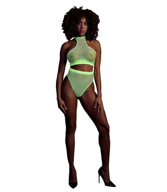 Ouch! Glow in the Dark Neon Crop Turtleneck Met Hoge Taille Slip Voor UV-Actieve Lingerie