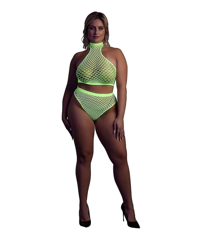 Ouch! Glow in the Dark Neon Crop Turtleneck Met Hoge Taille Slip Voor UV-Actieve Lingerie